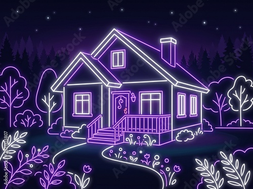 Neon Suburban Dwelling – Violet Glow with Starlit Night Sky and Floral Garden Pathway
