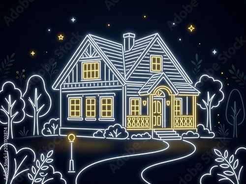 Celestial Night House – Glowing Windows with Street Lamp and Winding Path