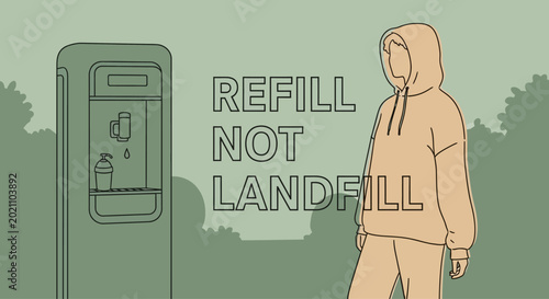 Foto A person stands beside a public water refill station with the text Refill Not Landfill