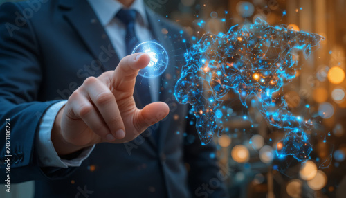 Professional businessman in a suit interacting with a glowing digital interface or artificial intelligence network, blue particle light, futuristic technology concept
