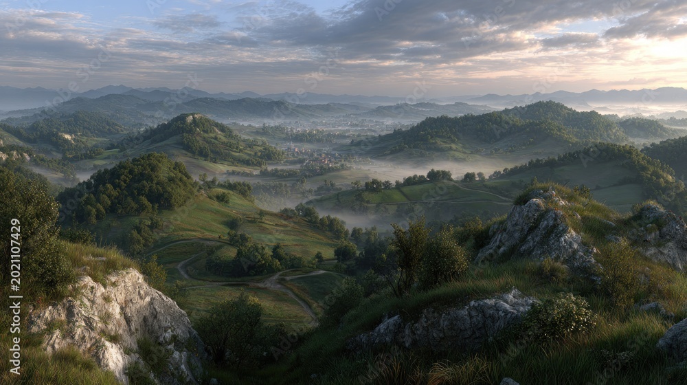 Fototapeta premium Rolling green hills and distant valleys covered in mist at sunrise present a serene natural landscape view.