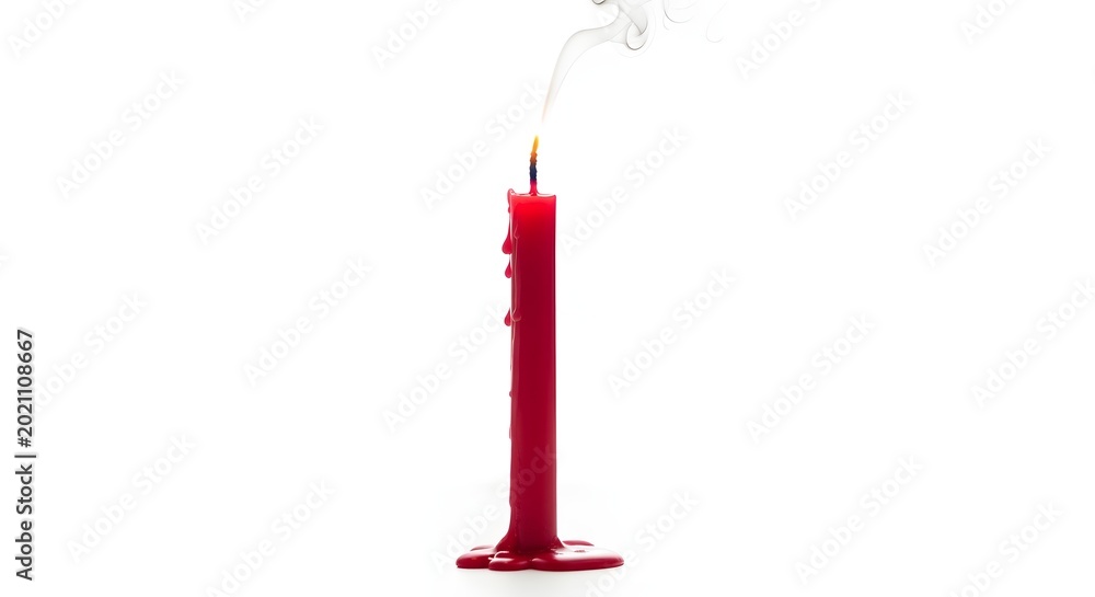 Obraz premium Red candle burning down with smoke rising against a white background symbolizing end of an era or a moment passing