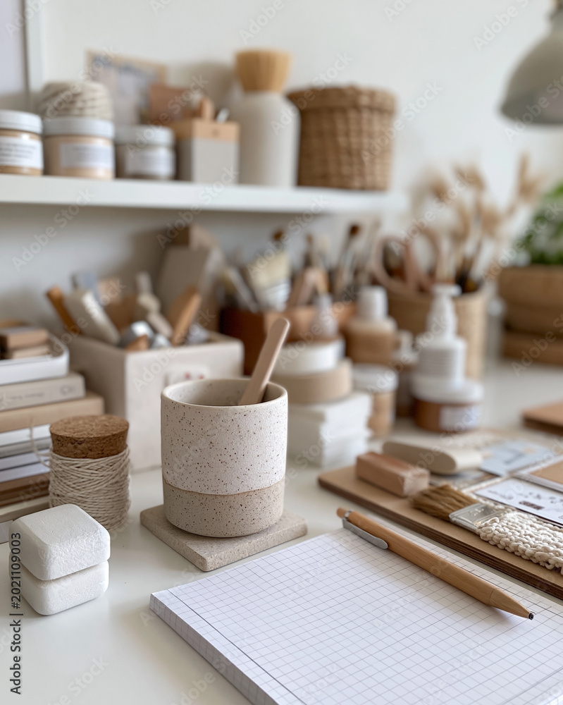 Naklejka premium Minimalist workspace bathed in soft daylight. Earthenware cup holds a wooden stirrer. White notebook rests open on clean surface. Wooden pencil lies beside a small stone. Shelves display jars, brushes