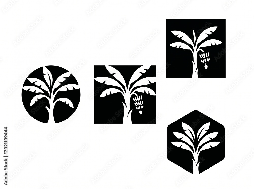 Fototapeta premium Banana tree icons in various shapes with tropical silhouette illustration agriculture cultivation