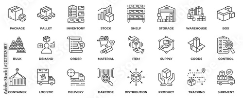 Foto Warehouse Inventory icon set collection in lineal style, an icon pack contain business, logistic, delivery, stock, box, container, distribution, product, tracking and supply