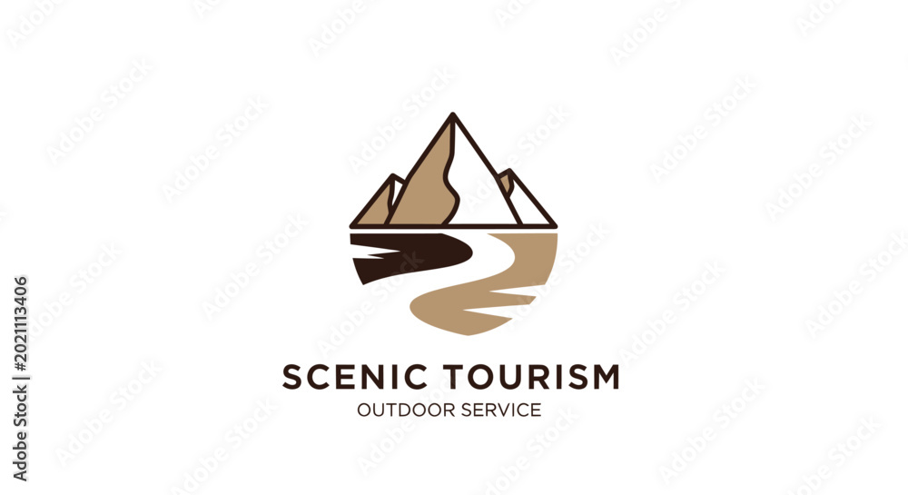 Fototapeta premium Scenic Tourism Mountain River Reflection Logo Design.