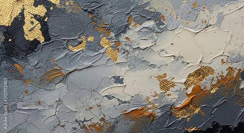 Luxury Abstract Oil Painting Background with Thick Impasto Texture Gold Leaf Accents and Cracked Grey Paint for Elegant Modern Art Design and Creative Banner Elements