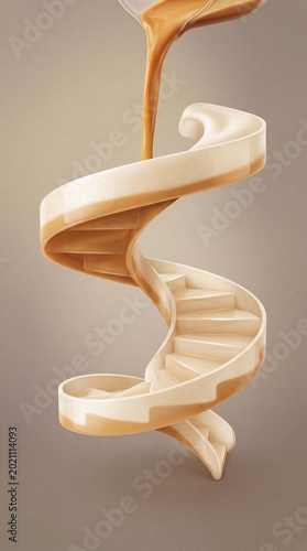Caramel liquid pouring onto a spiral staircase