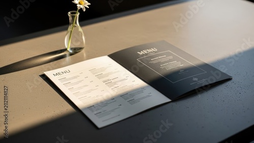 Opened menu book on table with flower, illuminated by sunlight