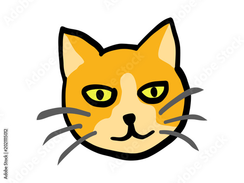 Cute animated orange tabby cat face with yellow eyes and clean white background in cartoon style.