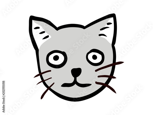 Simple Cartoon Gray Cat Face With Big Eyes And Whiskers Isolated On White Background