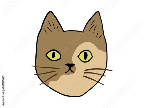Brown and Tan Calico Cat Face With Bright Green Eyes Simple Illustration