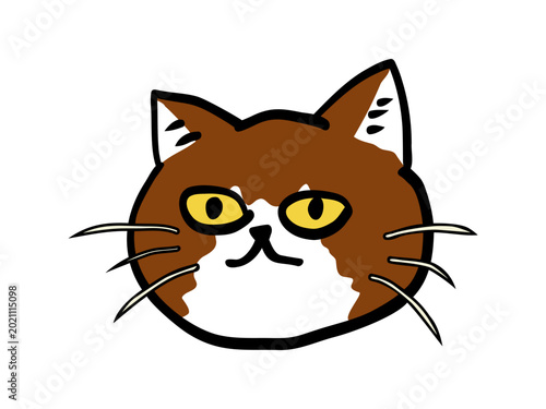 Brown And White Cat Face Cute And Simple Drawing With Yellow Eyes On White Background