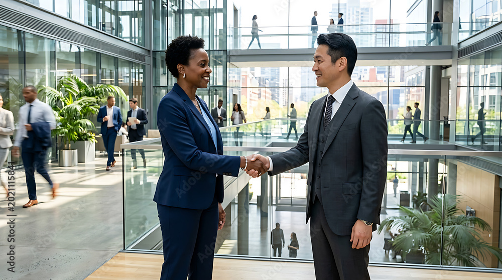 Fototapeta premium A successful professional team of businesspeople including a businessman and businesswoman engage in a corporate handshake at the office building to celebrate teamwork and company success