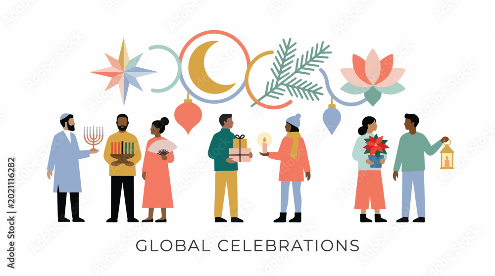 Fototapeta premium Illustration of diverse people celebrating global traditions with various cultural symbols and decorations on a white background.