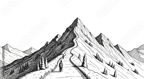 Person hiking up a winding path towards a mountain peak.