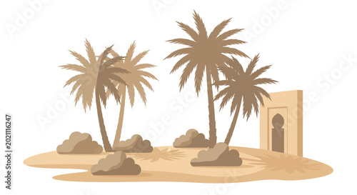 Foto Desert oasis with palm trees and arabic architecture