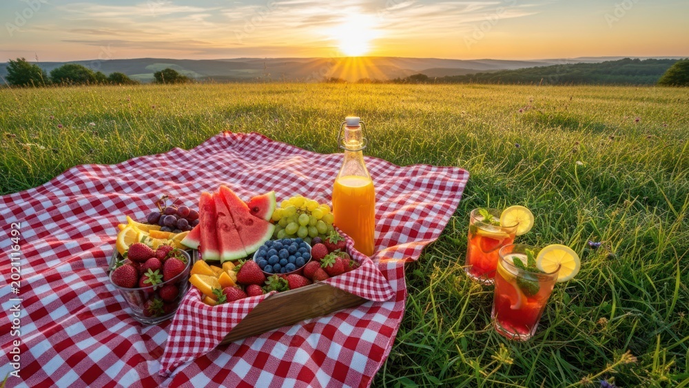 Obraz premium Picnic spread with fruit and drinks on a red checkered blanket at sunset