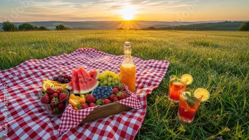 Picnic spread with fruit and drinks on a red checkered blanket at sunset