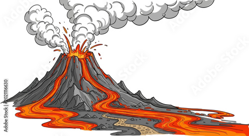 Quadro su tela Cartoon illustration of an erupting volcano with flowing lava and smoke clouds