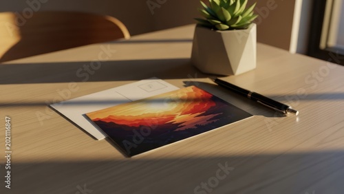 Postcard and envelope next to pen and plant on a wooden desk