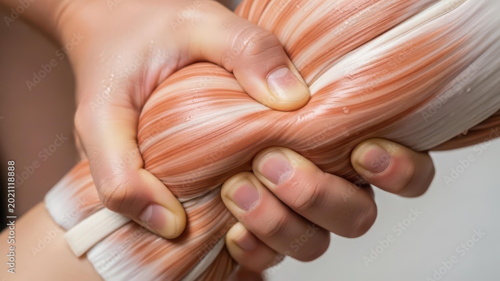 Naklejka premium Close-up of hands demonstrating muscle manipulation on a detailed anatomical arm model.