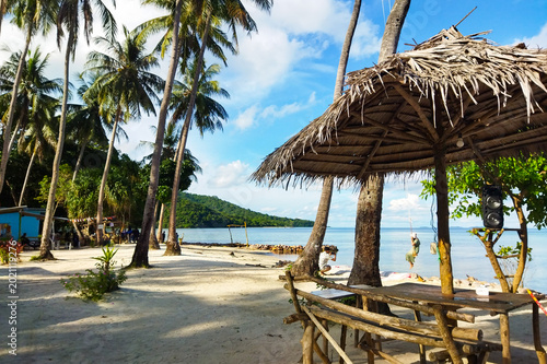 Fotografia Tropical beach with palm trees and thatched hut on white sand shore