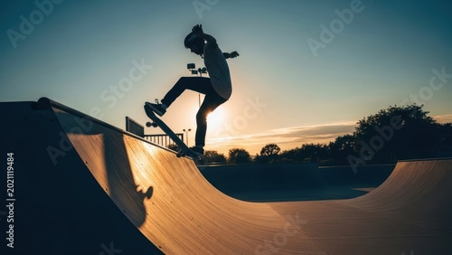 Skateboarder performs a trick on a ramp against a sunset backdrop