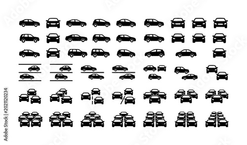 Car icon set with traffic jam and automobile symbols black vector illustration