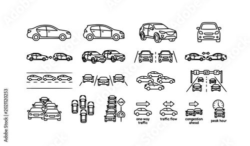 Automobile outline icon set with traffic jam car symbols vector