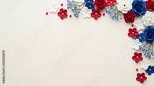 Decorative floral border arrangement featuring red white and blue paper flowers in this beautiful photograph