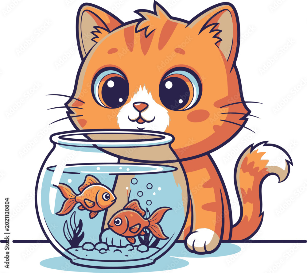 Fototapeta premium A cute cartoon ginger tabby cat with big eyes curiously watching two goldfish swimming in a round glass fishbowl.