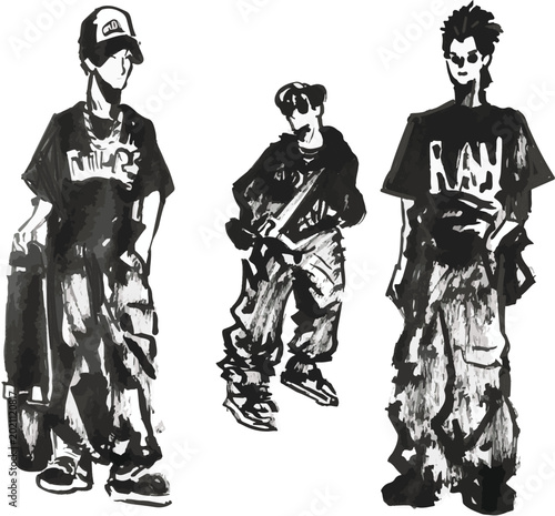 Urban Street Style Boys Black and White Vector Illustration