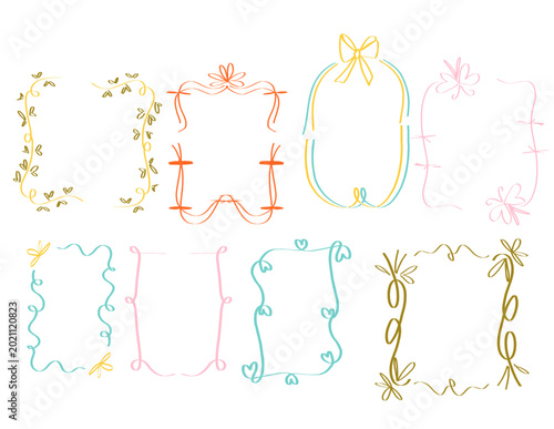 Minimalist hand drawn doodle frame collection with soft pastel colors, cute decorative border elements with hearts, bows, ribbons, and flowers for stationery design