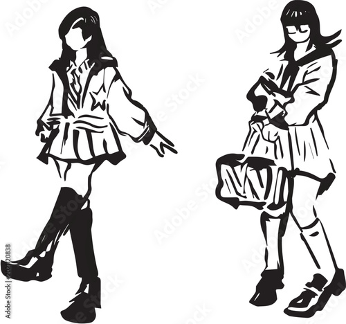 Stylish School Girls Black and White Vector Illustration