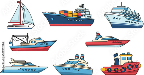 Photos Ship and Boat Icon Set with Sailboat, Cargo Ship, Yacht, Cruise Ship, Speedboat,