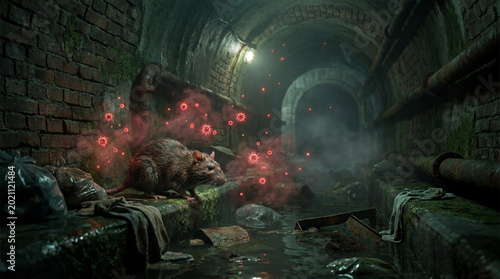 Infected Rat Surrounded by Virus Particles Inside Dirty Sewer Tunnel