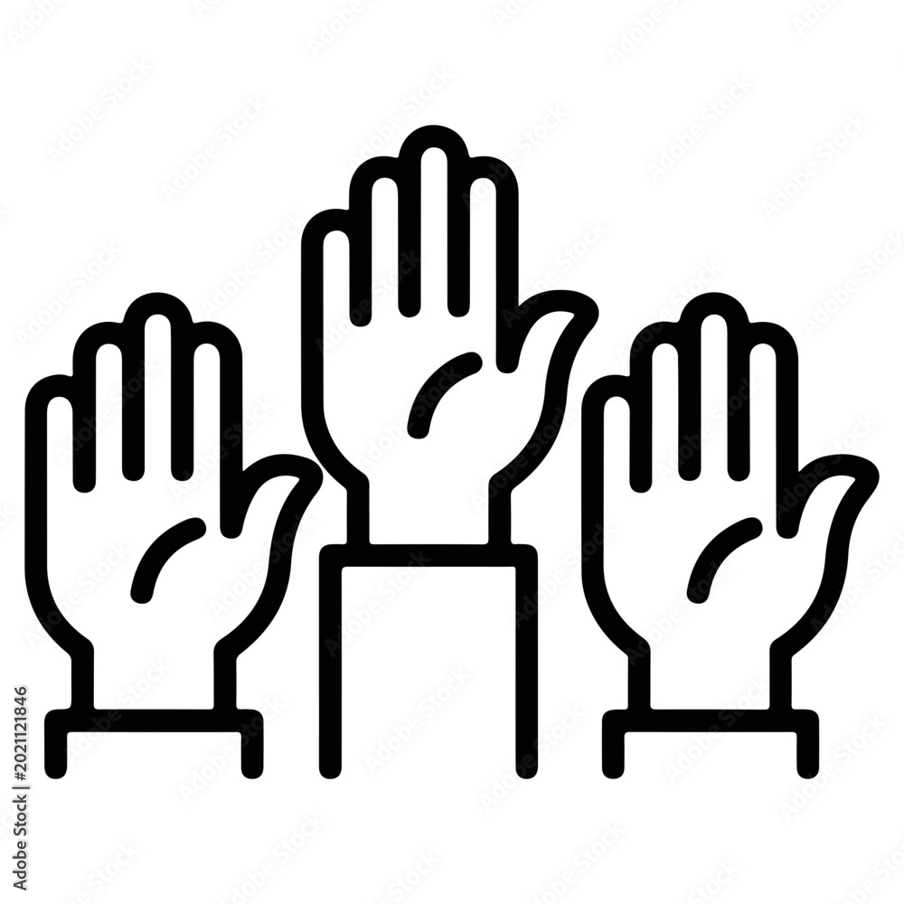 Obraz premium Three raised hands in silhouette, with one hand higher
