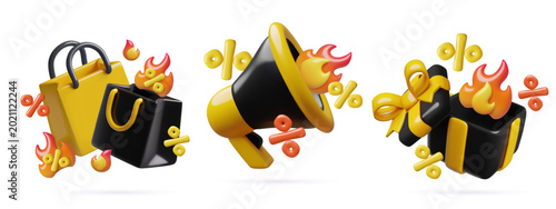 Obraz na plátně Hot sale 3d icons set with shopping bags, megaphone, gift box and percentage sign on fire
