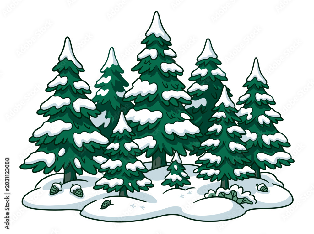 Fototapeta premium vector Snow covered pine trees in a winter forest landscape illustration