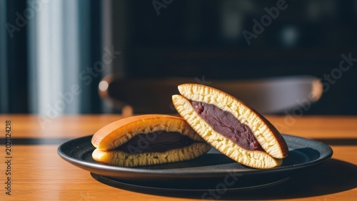 Two golden-brown Japanese pastries sit on a dark plate, red filling