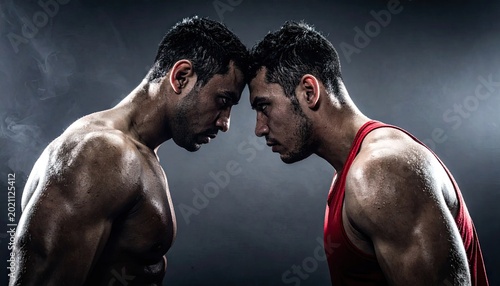 Two muscular men facing each other in dramatic low key studio portrait