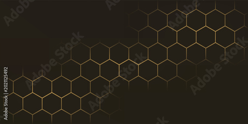 Fotografie Hexagon technology black dan berwarna emas honeycomb abstract background