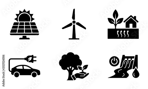 Foto Eco-friendly energy icons set: solar panel, wind turbine, geothermal, electric c