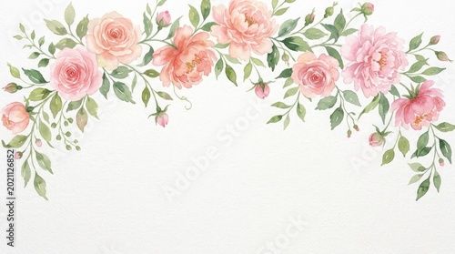 Watercolor floral border with pink roses and peonies