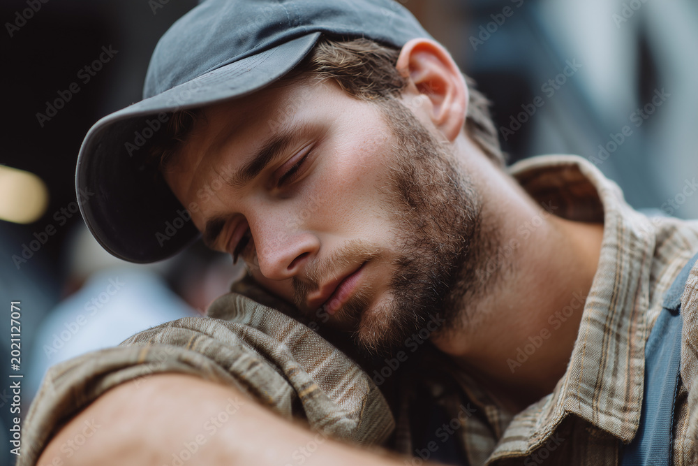 Obraz premium Overworked Construction Worker Taking Short Nap During Work Break From Extreme Exhaustion