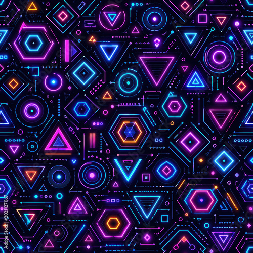 Futuristic neon geometric seamless pattern with glowing abstract shapes