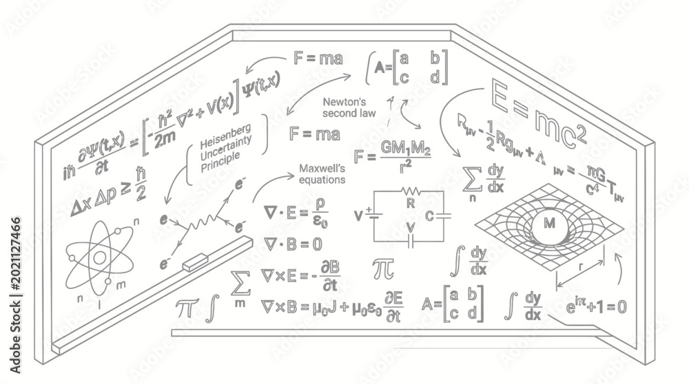 Fototapeta premium A comprehensive illustration of fundamental physics equations and concepts, including relativity, electromagnetism, and quantum mechanics, presented on a whiteboard.
