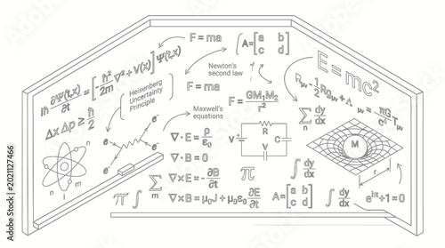 A comprehensive illustration of fundamental physics equations and concepts, including relativity, electromagnetism, and quantum mechanics, presented on a whiteboard.