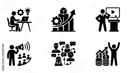 Fotografía Business Growth Icons Set, Marketing Strategy, Teamwork, Presentation, Data Anal